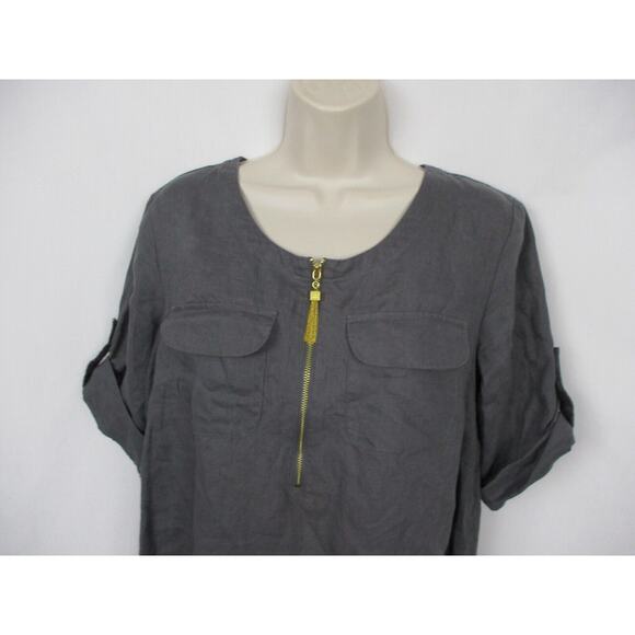 Ellen Tracy Linen Tunic Top Women Small Roll Tab Gold Zipper Tassel Trim Popover - Picture 2 of 16